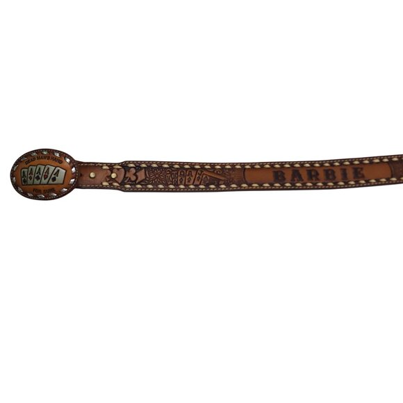 Vintage Western Leather Belt Size Small Dead Mans Hand Buckle & "Barbie" Engravi - Picture 7 of 12